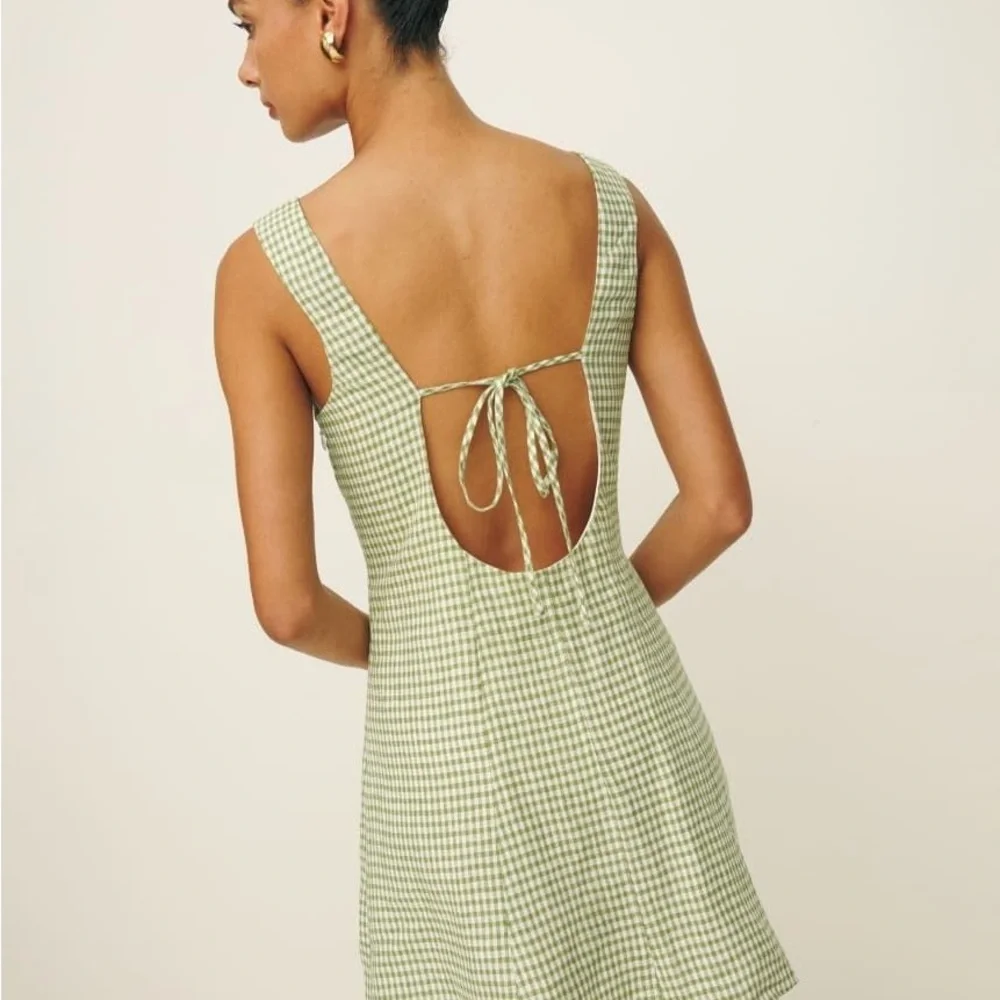 Reformation Amorette Linen Dress in Avocado Check - Picture 2 of 6